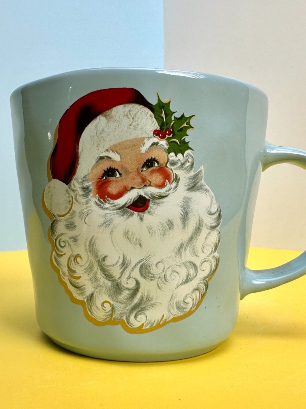 Vintage Santa Face Christmas Mug Light Blue Ceramic – Brand New